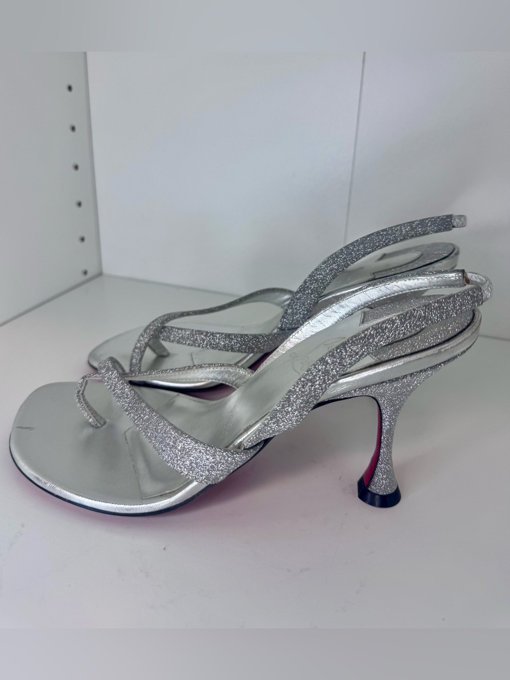 Christian Louboutin Silver Glitter Strappy Red Sole Heels 37